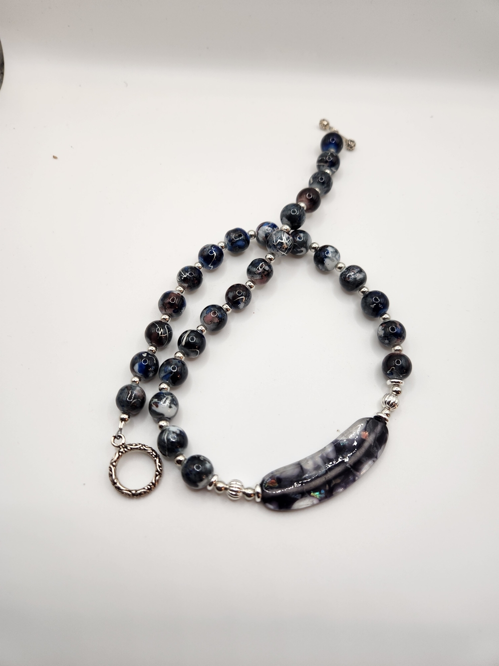 Handcrafted Black & Blue Marbled Bead Necklace with Silver Accents